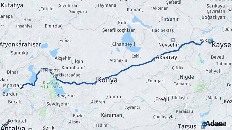 Kayseri Melikgazi Isparta Arası Kaç Km - Yol Haritası