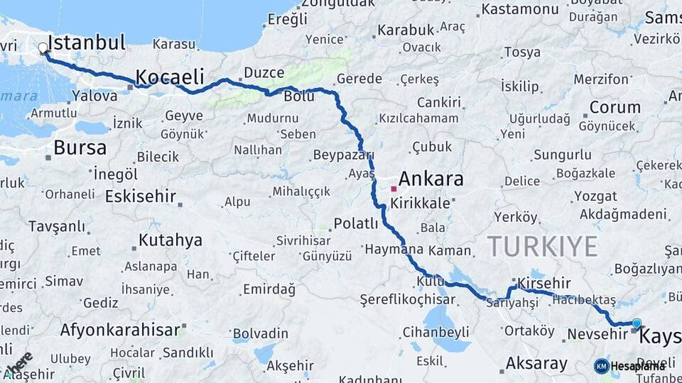 Kayseri Melikgazi İstanbul Arası Kaç Km - Yol Haritası