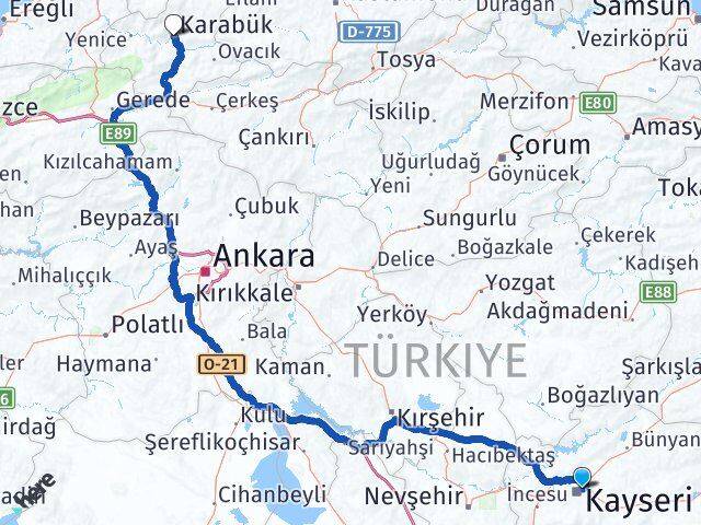 Kayseri Melikgazi Karabük Arası Kaç Km - Yol Haritası