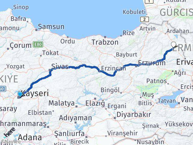 Kayseri Melikgazi Kars Arası Kaç Km - Yol Haritası