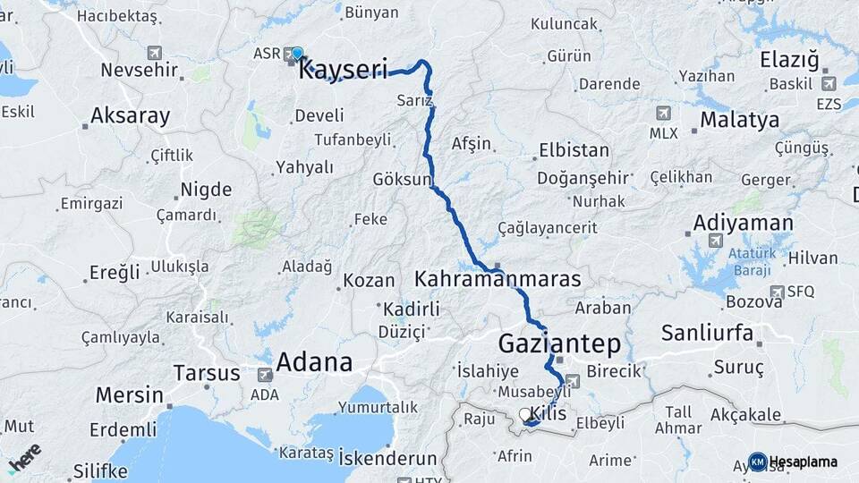 Kayseri Melikgazi Kilis Arası Kaç Km - Yol Haritası