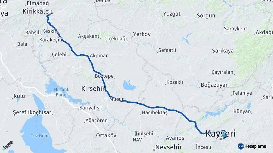 Kayseri Melikgazi Kırıkkale Arası Kaç Km - Yol Haritası