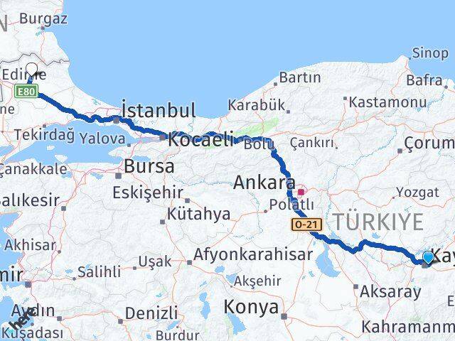 Kayseri Melikgazi Kırklareli Arası Kaç Km - Yol Haritası