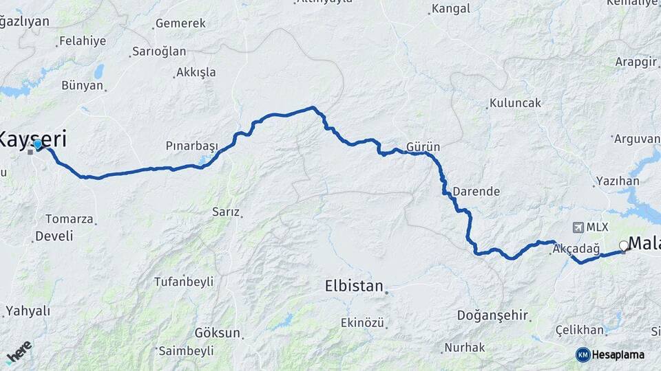 Kayseri Melikgazi Malatya Arası Kaç Km - Yol Haritası