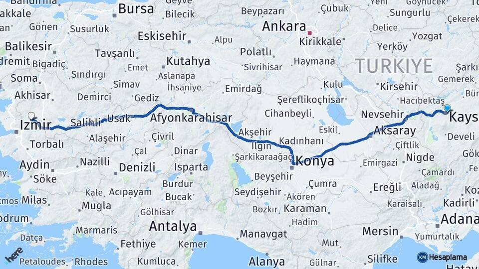 Kayseri Melikgazi Manisa Arası Kaç Km - Yol Haritası