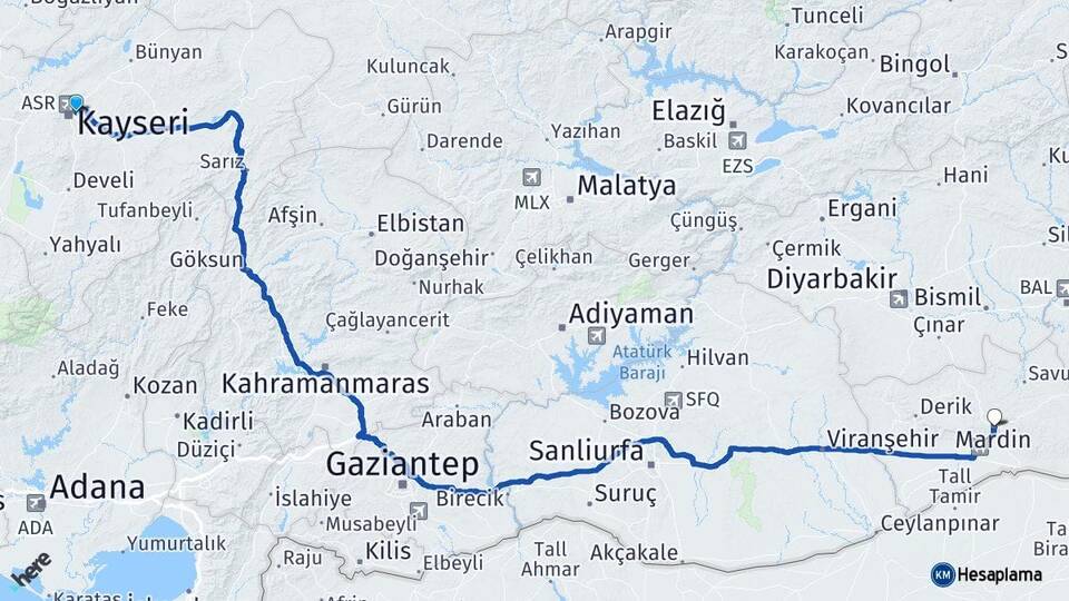 Kayseri Melikgazi Mardin Arası Kaç Km - Yol Haritası