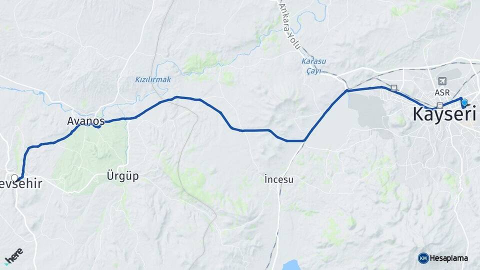 Kayseri Melikgazi Nevşehir Arası Kaç Km - Yol Haritası