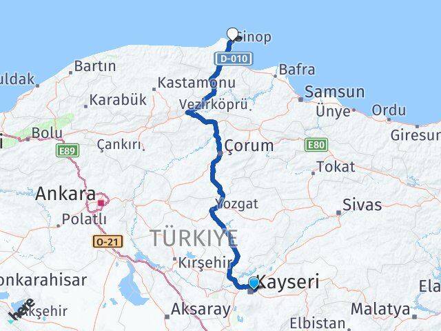 Kayseri Melikgazi Sinop Arası Kaç Km - Yol Haritası