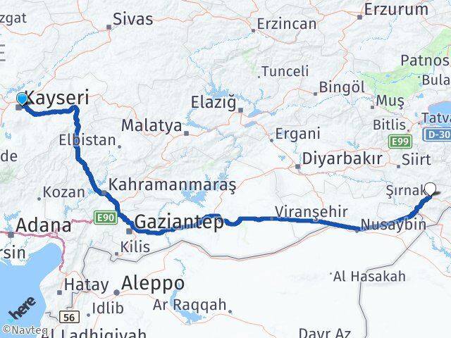 Kayseri Melikgazi Şırnak Arası Kaç Km - Yol Haritası