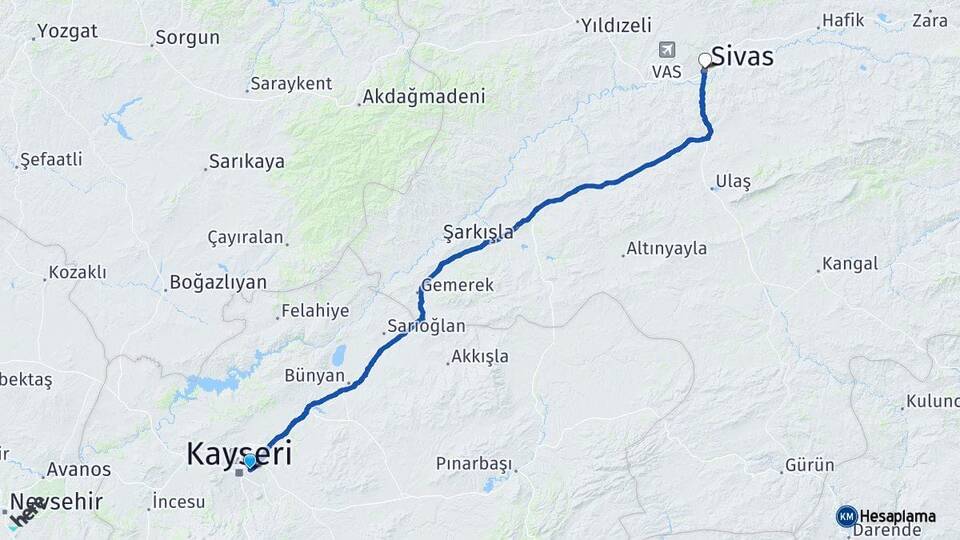 Kayseri Melikgazi Sivas Arası Kaç Km - Yol Haritası
