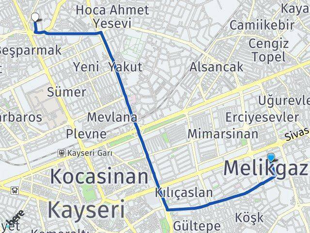 Kayseri Melikgazi Taşhan Kocasinan Arası Kaç Km - Yol Haritası