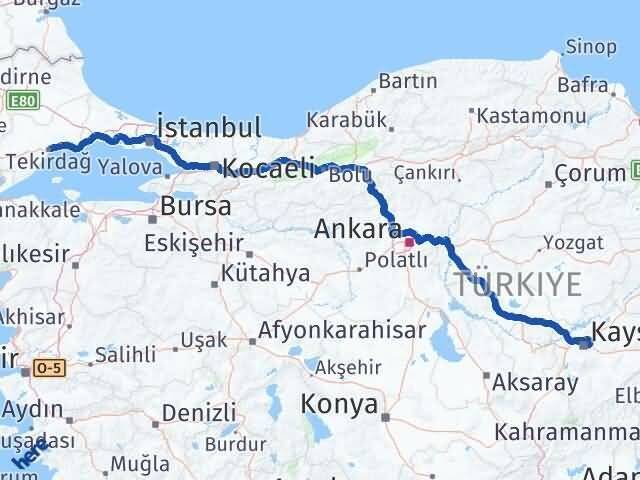 Kayseri Melikgazi Tekirdağ Arası Kaç Km - Yol Haritası