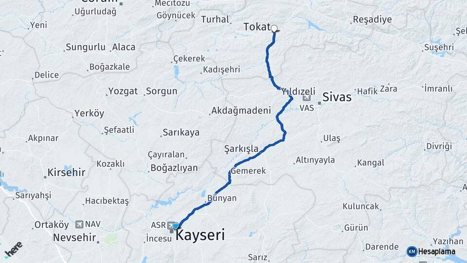 Kayseri Melikgazi Tokat Arası Kaç Km - Yol Haritası
