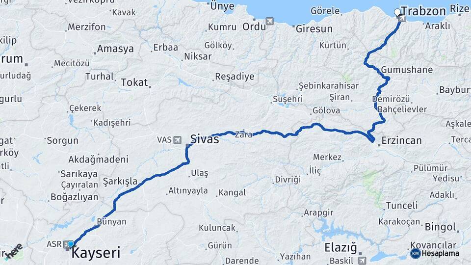 Kayseri Melikgazi Trabzon Arası Kaç Km - Yol Haritası