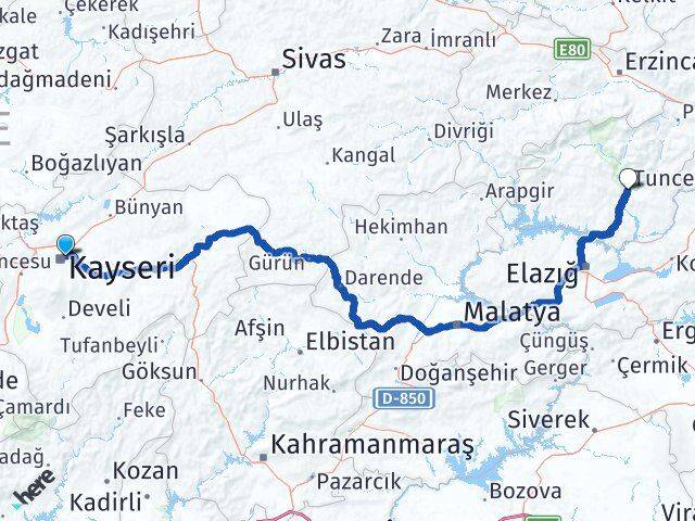 Kayseri Melikgazi Tunceli Arası Kaç Km - Yol Haritası