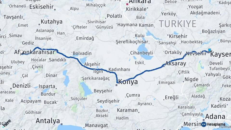 Kayseri Melikgazi Uşak Arası Kaç Km - Yol Haritası