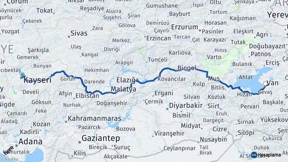 Kayseri Melikgazi Van Arası Kaç Km - Yol Haritası