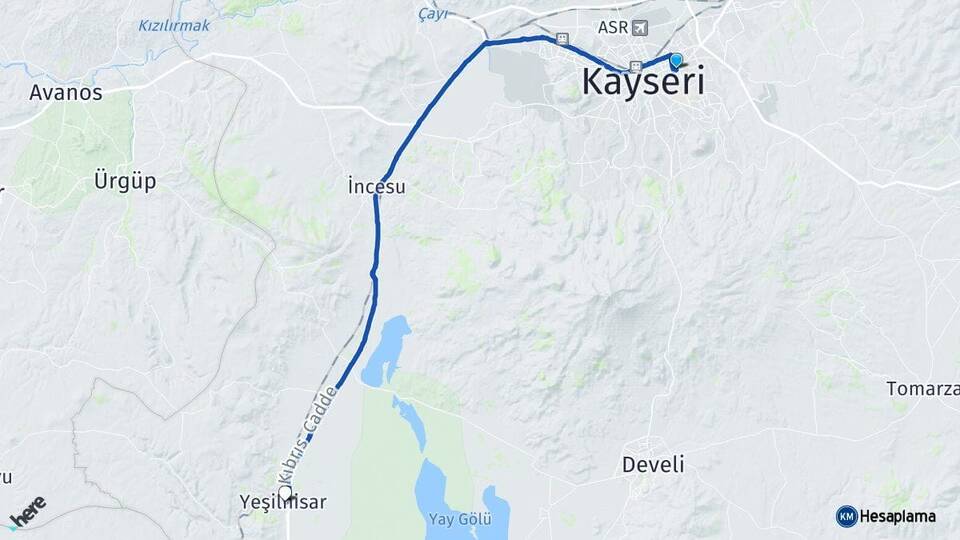 Kayseri Melikgazi Yeşilhisar Arası Kaç Km - Yol Haritası