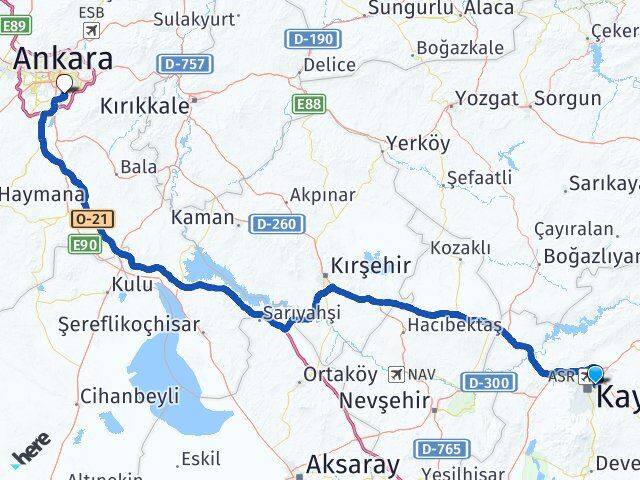 Kayseri Melikgazi Yukarı Dikmen Çankaya Ankara Arası Kaç Km - Yol Haritası