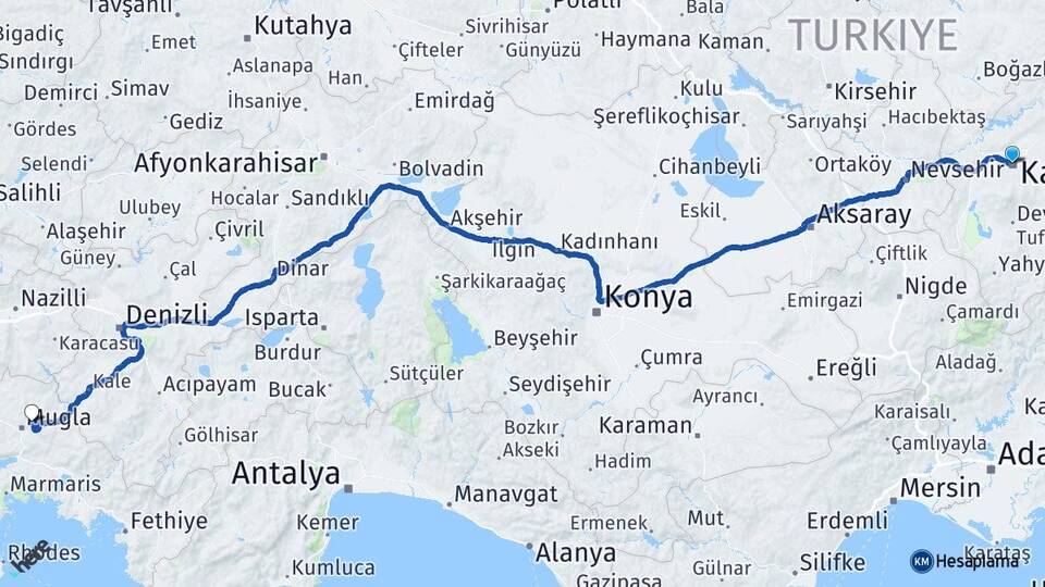 Kayseri Menteşe Muğla Arası Kaç Km - Yol Haritası