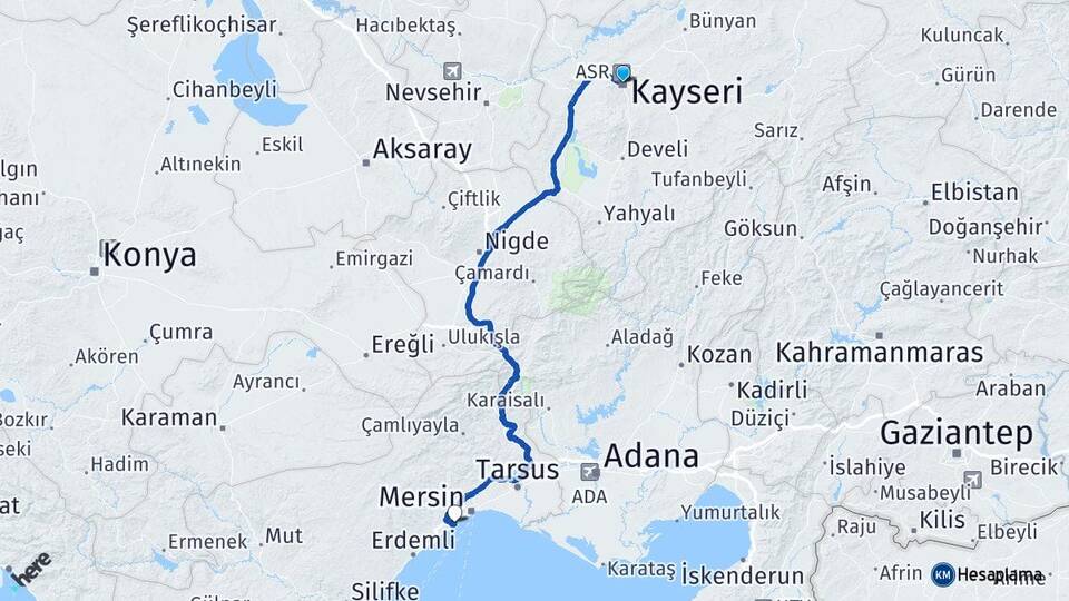 Kayseri Mezitli Mersin Arası Kaç Km - Yol Haritası
