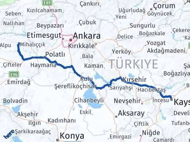Kayseri Mihalıççık Eskişehir Arası Kaç Km - Yol Haritası