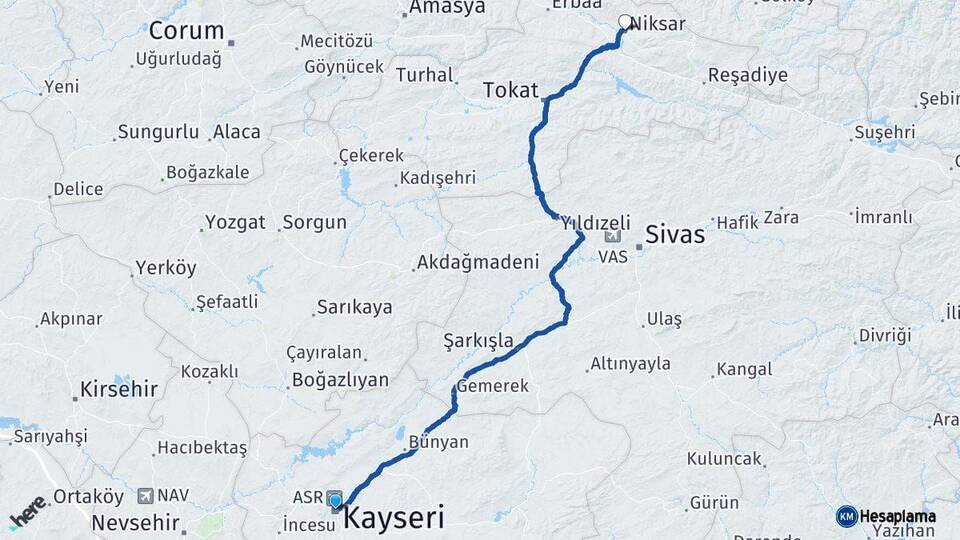 Kayseri Niksar Tokat Arası Kaç Km - Yol Haritası