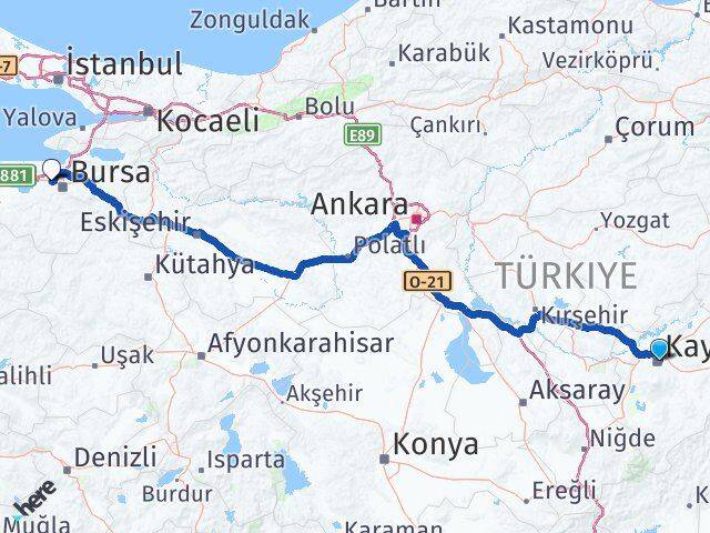Kayseri Nilüfer Bursa Arası Kaç Km - Yol Haritası