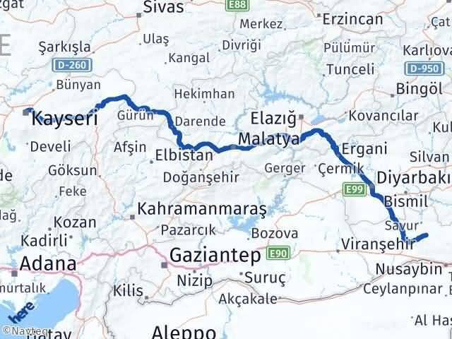 Kayseri Ömerli Mardin Arası Kaç Km - Yol Haritası