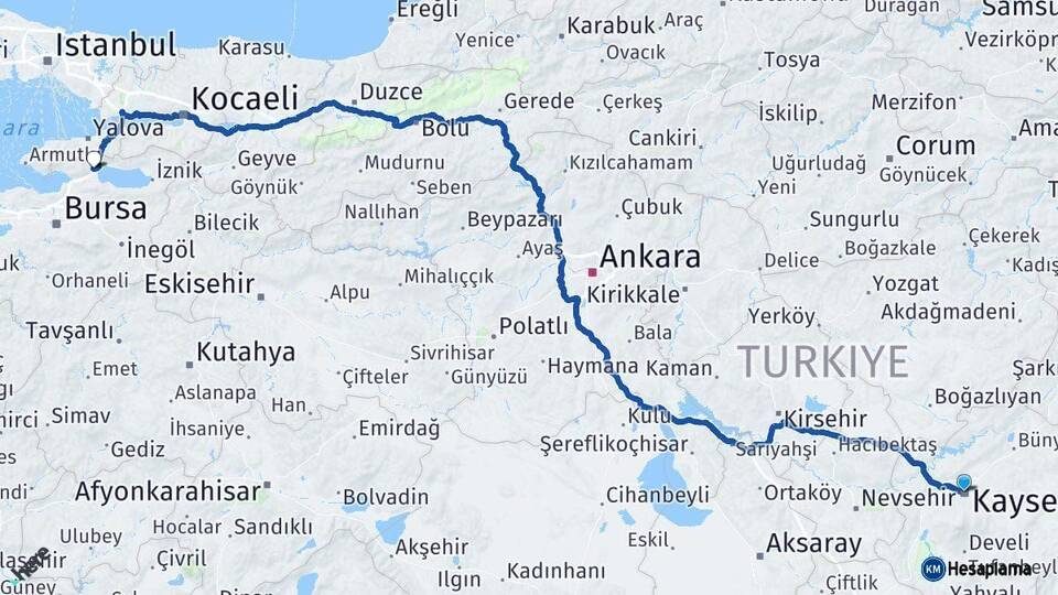 Kayseri Orhangazi Bursa Arası Kaç Km - Yol Haritası