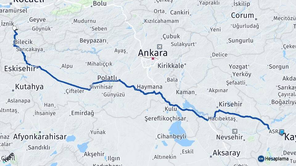 Kayseri Osmaneli Bilecik Arası Kaç Km - Yol Haritası