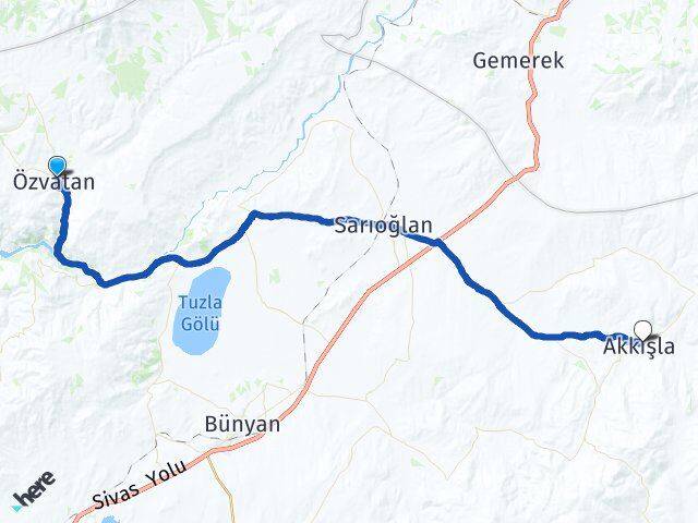 Kayseri Özvatan Akkışla Arası Kaç Km - Yol Haritası