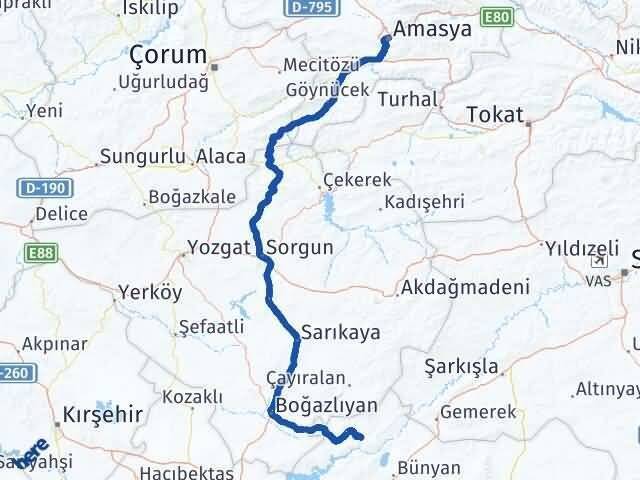 Kayseri Özvatan Amasya Arası Kaç Km - Yol Haritası