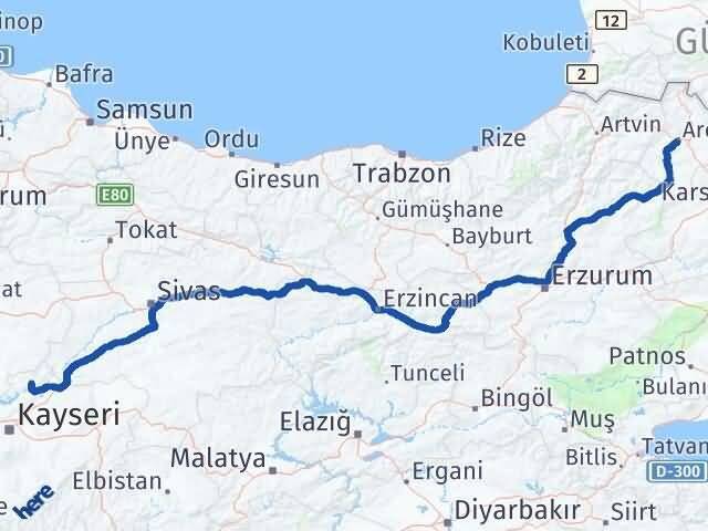 Kayseri Özvatan Ardahan Arası Kaç Km - Yol Haritası