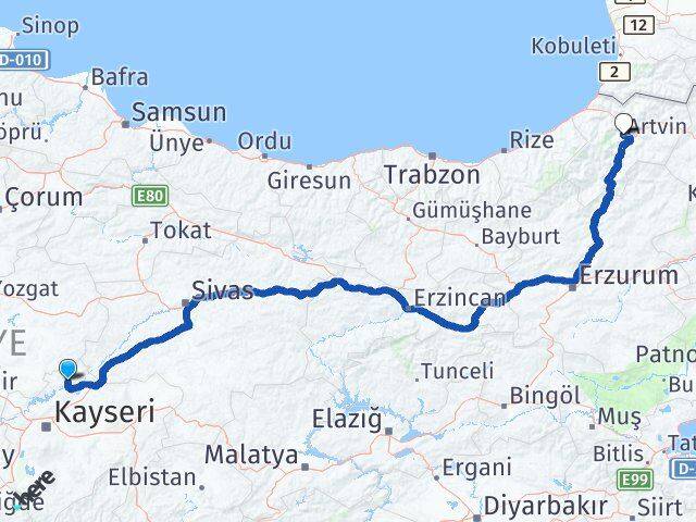 Kayseri Özvatan Artvin Arası Kaç Km - Yol Haritası