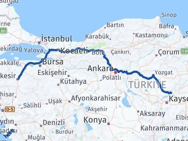 Kayseri Özvatan Balıkesir Arası Kaç Km - Yol Haritası