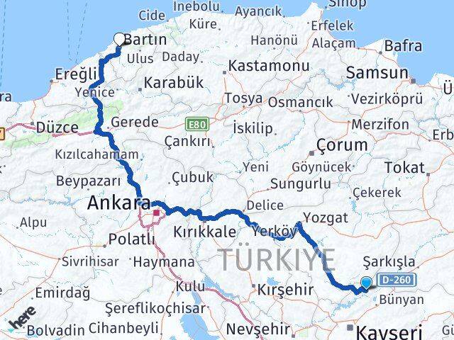 Kayseri Özvatan Bartın Arası Kaç Km - Yol Haritası