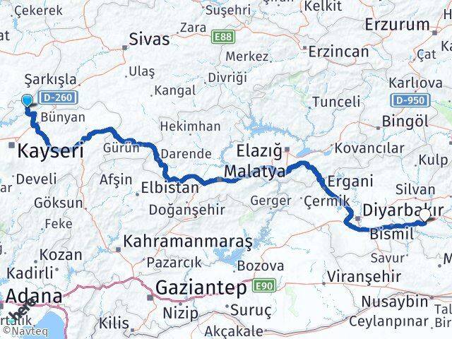 Kayseri Özvatan Batman Arası Kaç Km - Yol Haritası