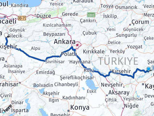 Kayseri Özvatan Bilecik Arası Kaç Km - Yol Haritası