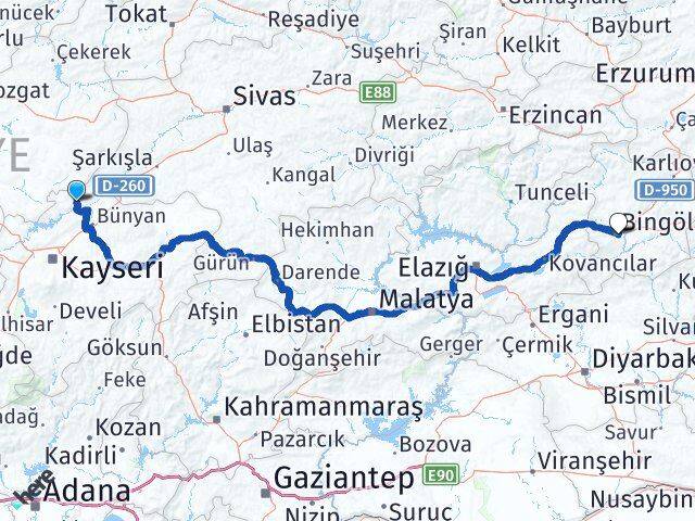 Kayseri Özvatan Bingöl Arası Kaç Km - Yol Haritası