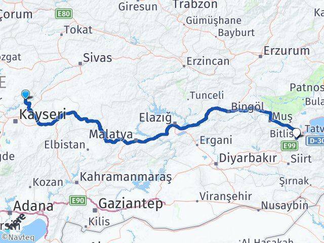 Kayseri Özvatan Bitlis Arası Kaç Km - Yol Haritası