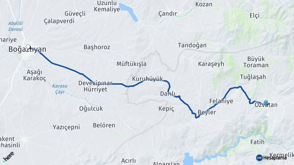 Kayseri Özvatan Boğazlıyan Yozgat Arası Kaç Km - Yol Haritası