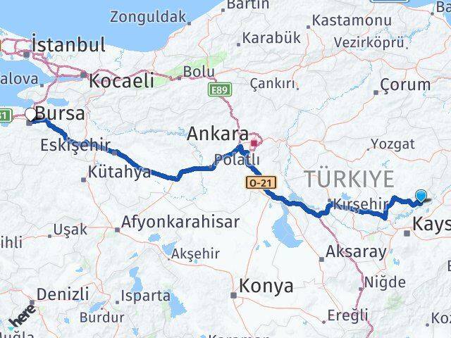 Kayseri Özvatan Bursa Arası Kaç Km - Yol Haritası