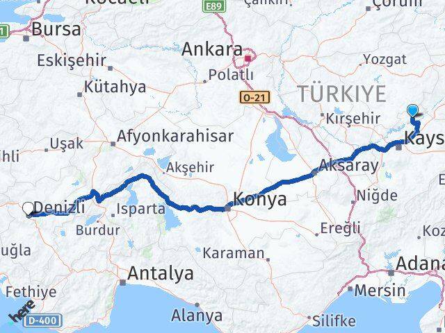 Kayseri Özvatan Denizli Arası Kaç Km - Yol Haritası