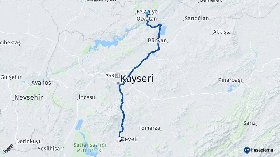 Kayseri Özvatan Develi Arası Kaç Km - Yol Haritası