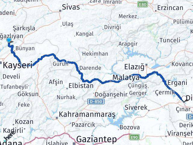 Kayseri Özvatan Diyarbakır Arası Kaç Km - Yol Haritası