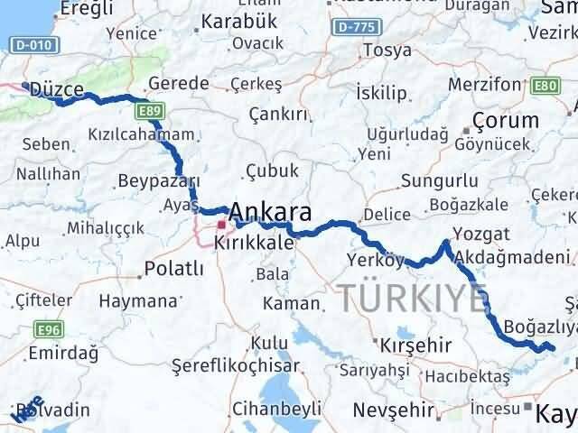 Kayseri Özvatan Düzce Arası Kaç Km - Yol Haritası