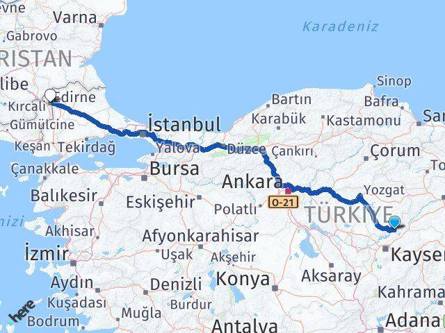 Kayseri Özvatan Edirne Arası Kaç Km - Yol Haritası
