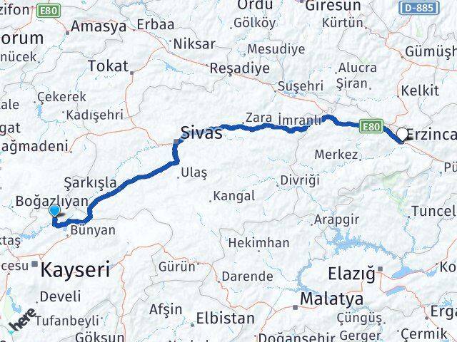 Kayseri Özvatan Erzincan Arası Kaç Km - Yol Haritası