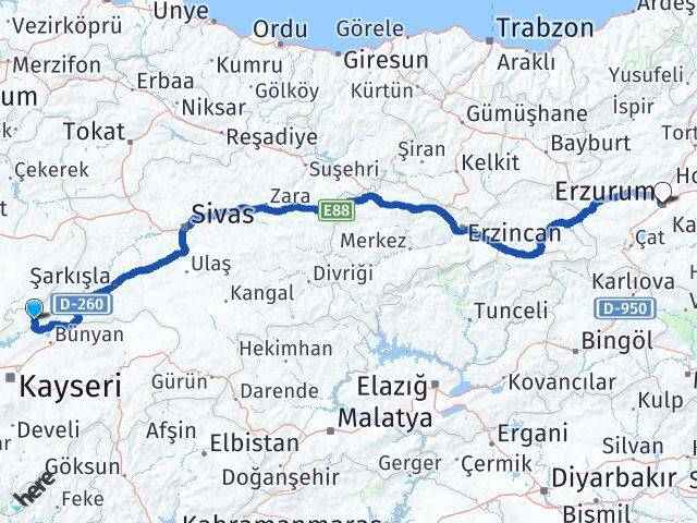 Kayseri Özvatan Erzurum Arası Kaç Km - Yol Haritası